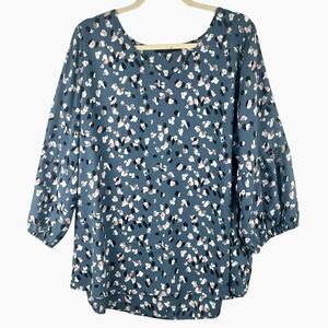 Eclair Womens Blue Top 1X 3/4 Sleeve V-Neck Floral Pink Stretch Cuff Shirt